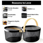 Premium Multipurpose Metal Mesh Storage Basket with Wooden Handle | Fruit Basket, Bathroom Organizer, Kitchen Counter Basket, Vegetable & Utility Storage- Black