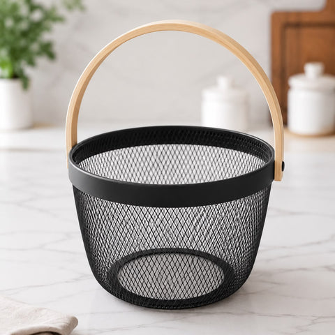 Premium Multipurpose Metal Mesh Storage Basket with Wooden Handle | Fruit Basket, Bathroom Organizer, Kitchen Counter Basket, Vegetable & Utility Storage- Black