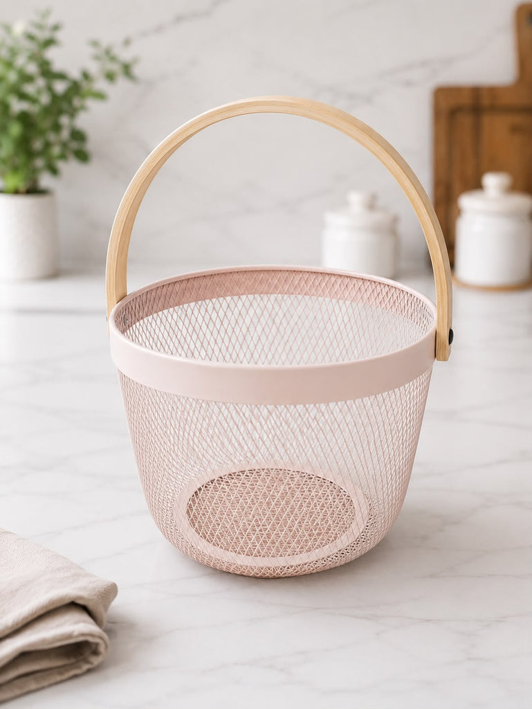 Premium Multipurpose Metal Mesh Storage Basket with Wooden Handle | Fruit Basket, Bathroom Organizer, Kitchen Counter Basket, Vegetable & Utility Storage- Pink
