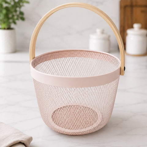Premium Multipurpose Metal Mesh Storage Basket with Wooden Handle | Fruit Basket, Bathroom Organizer, Kitchen Counter Basket, Vegetable & Utility Storage- Pink