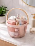 Premium Multipurpose Metal Mesh Storage Basket with Wooden Handle | Fruit Basket, Bathroom Organizer, Kitchen Counter Basket, Vegetable & Utility Storage- Pink