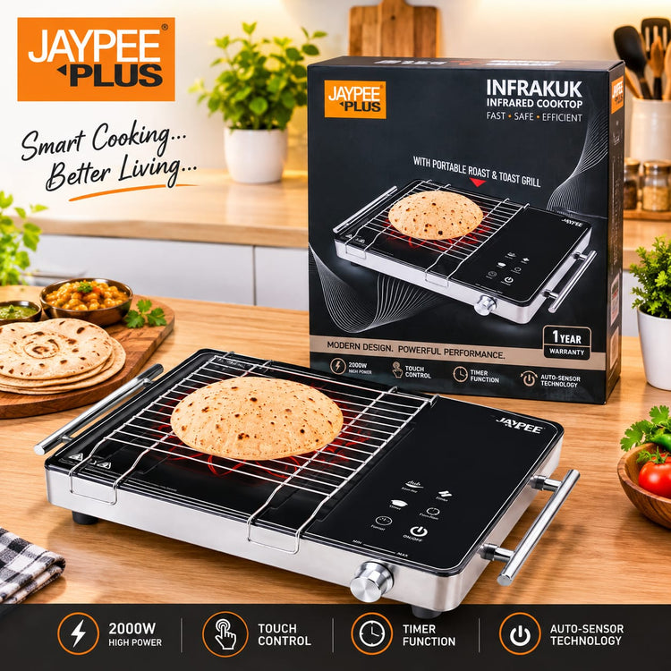 Jaypee Plus Infrakuk 2000W Infrared Cooktop with Touch Control, Timer & Auto-Sensor Technology | Portable Infrared Electric Stove with Roast & Toast Grill | High Power Electric Cooktop