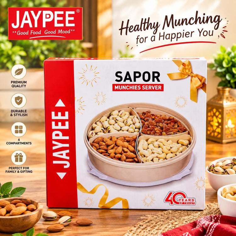 Jaypee Sapor Munchies Server 4 Compartment Dry Fruit & Snack Serving Tray | Premium Multi-Section Munchies Bowl for Nuts, Snacks & Sweets | Stylish Serving Dish for Home & Gifting