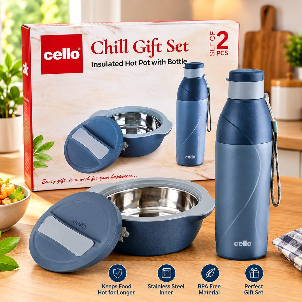 Cello Chill Gift Set Insulated Hot Pot with Bottle | Set of 2 | Stainless Steel Inner Food Container & Water Bottle | BPA-Free Food Storage & Travel Set