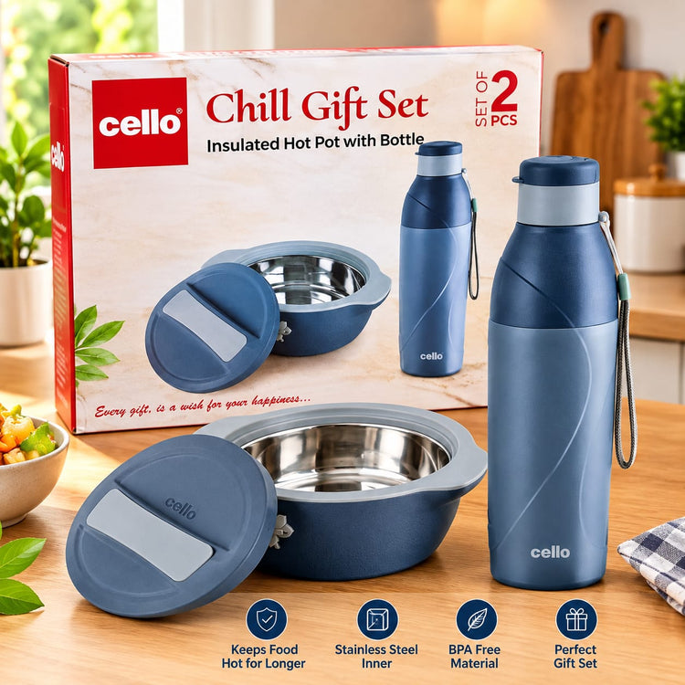 Cello Chill Gift Set Insulated Hot Pot with Bottle | Set of 2 | Stainless Steel Inner Food Container & Water Bottle | BPA-Free Food Storage & Travel Set