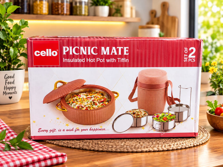 Cello Picnic Mate Insulated Hot Pot with Tiffin | Set of 2 | Insulated Casserole & Food Storage Container | Lunch & Travel Food Container