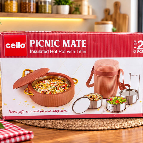 Cello Picnic Mate Insulated Hot Pot with Tiffin | Set of 2 | Insulated Casserole & Food Storage Container | Lunch & Travel Food Container