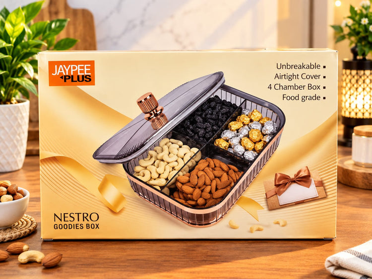 Jaypee Plus Nestro Goodies Box 4 Chamber Dry Fruit & Snacks Storage Box with Airtight Cover | Unbreakable Food Grade Container