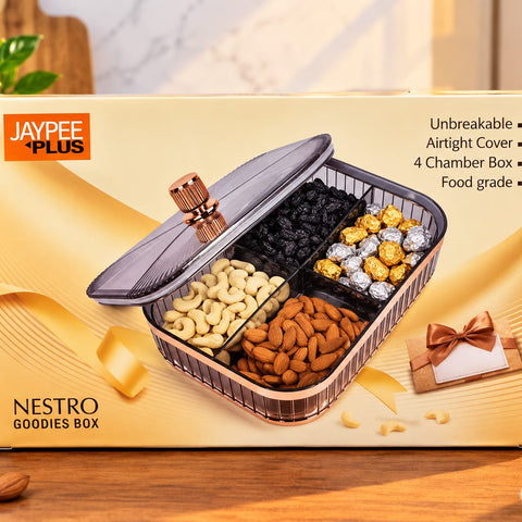 Jaypee Plus Nestro Goodies Box 4 Chamber Dry Fruit & Snacks Storage Box with Airtight Cover | Unbreakable Food Grade Container