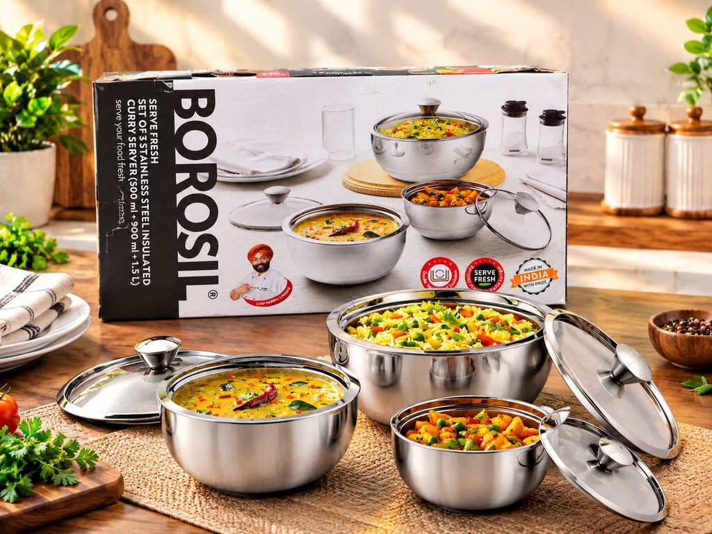 Borosil Stainless Steel Insulated Curry Server Set of 3 | 500ml, 900ml & 1.5L | Hot & Fresh Food Serving Bowls with Lids