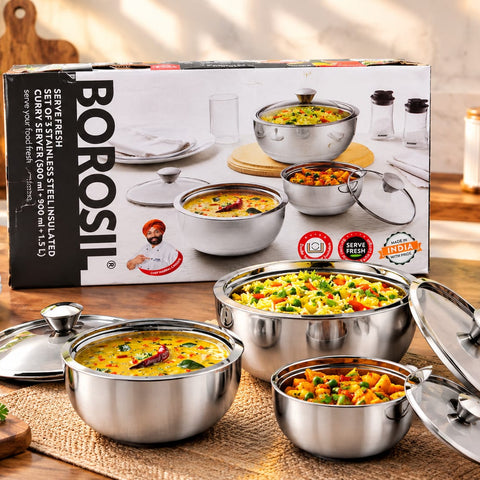 Borosil Stainless Steel Insulated Curry Server Set of 3 | 500ml, 900ml & 1.5L | Hot & Fresh Food Serving Bowls with Lids
