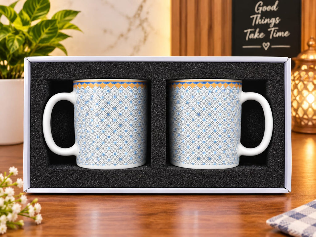 Premium Ceramic Coffee Mugs Set of 2 – Elegant Blue & Orange Geometric Printed Tea Cups in Secure Gift Box – 330ml Microwave Safe Coffee Cup Set for Couples, Gifting, Housewarming & Daily Use