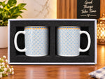 Premium Ceramic Coffee Mugs Set of 2 – Elegant Blue & Orange Geometric Printed Tea Cups in Secure Gift Box – 330ml Microwave Safe Coffee Cup Set for Couples, Gifting, Housewarming & Daily Use