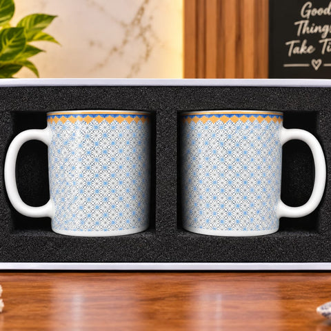 Premium Ceramic Coffee Mugs Set of 2 – Elegant Blue & Orange Geometric Printed Tea Cups in Secure Gift Box – 330ml Microwave Safe Coffee Cup Set for Couples, Gifting, Housewarming & Daily Use