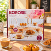Borosil 8-Piece Designer Plates & Oasis Mugs Serving Set – 2 Extra-Strong Tempered Glass Snack Plates (19 cm) & 6 Tea/Coffee Cups (200 ml) – Oven & Microwave Safe Clear Glassware
