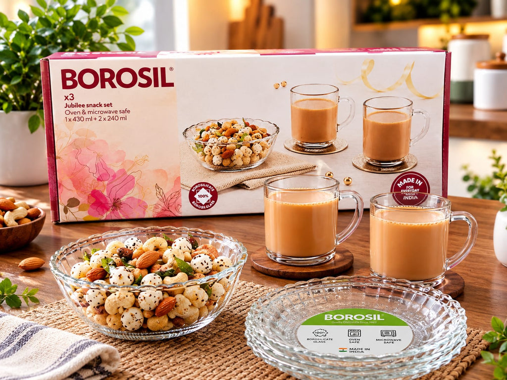 Borosil Jubilee 3-Piece Glass Snack Set – 100% Borosilicate Glass Serving Bowl (430 ml) & 2 Tea/Coffee Mugs (240 ml) – Oven & Microwave Safe Clear Glassware for Breakfast, Tea Time & Gifting