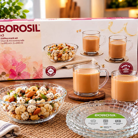Borosil Jubilee 3-Piece Glass Snack Set – 100% Borosilicate Glass Serving Bowl (430 ml) & 2 Tea/Coffee Mugs (240 ml) – Oven & Microwave Safe Clear Glassware for Breakfast, Tea Time & Gifting