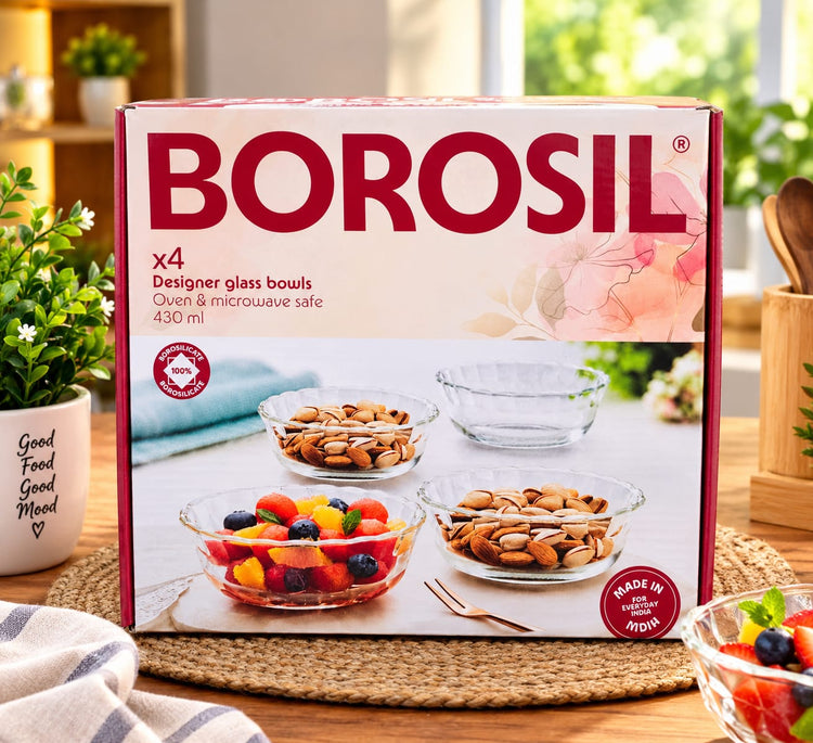 Borosil Designer Glass Bowls Set of 4 (430 ml) – 100% Borosilicate Glass Serving Bowls – Oven & Microwave Safe Clear Snack, Dessert & Fruit Bowls