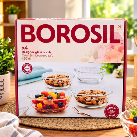 Borosil Designer Glass Bowls Set of 4 (430 ml) – 100% Borosilicate Glass Serving Bowls – Oven & Microwave Safe Clear Snack, Dessert & Fruit Bowls