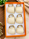 Premium 6-Piece Ceramic Tea and Coffee Cup Set with Gold Handles – Luxury Ivory Ribbed Mugs with Greek Key Pattern – Elegant Espresso Cup Set in Orange Gift Box for Weddings, Housewarmings & Hosting