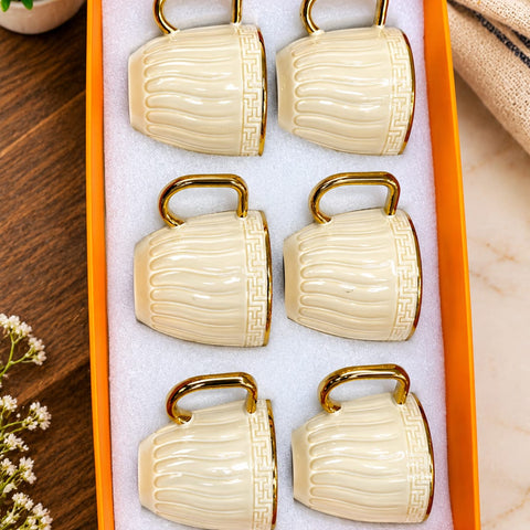 Premium 6-Piece Ceramic Tea and Coffee Cup Set with Gold Handles – Luxury Ivory Ribbed Mugs with Greek Key Pattern – Elegant Espresso Cup Set in Orange Gift Box for Weddings, Housewarmings & Hosting