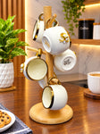 Addox 6-Piece Ceramic Coffee Mug Set with Bamboo Wooden Stand – Elegant White & Gold Tea Cups with 3D Floral Pearl Embellishments – Luxury Espresso Cup Tree Rack for Kitchen Counter & Gifting