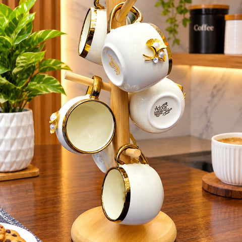 Addox 6-Piece Ceramic Coffee Mug Set with Bamboo Wooden Stand – Elegant White & Gold Tea Cups with 3D Floral Pearl Embellishments – Luxury Espresso Cup Tree Rack for Kitchen Counter & Gifting