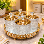 Luxury Gold Crystal Glass Dry Fruit & Snack Jar Set with Decorative Serving Tray – 4-Piece Airtight Storage Container Set for Kitchen & Home Décor