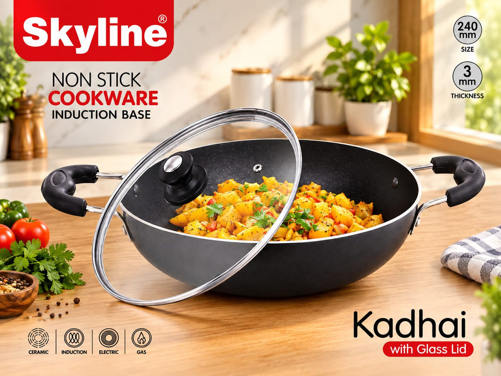 Skyline Non-Stick Kadhai 240mm with Glass Lid | 3mm Thick Induction Base Cookware | Gas, Induction, Electric & Ceramic Compatible