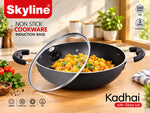 Skyline Non-Stick Kadhai 240mm with Glass Lid | 3mm Thick Induction Base Cookware | Gas, Induction, Electric & Ceramic Compatible