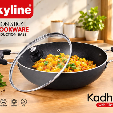 Skyline Non-Stick Kadhai 240mm with Glass Lid | 3mm Thick Induction Base Cookware | Gas, Induction, Electric & Ceramic Compatible