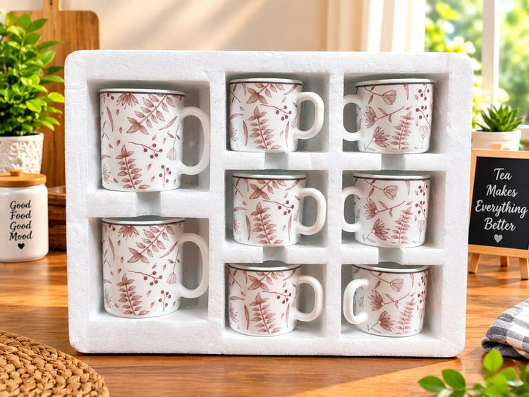 Borosilicate Glass Coffee Mug Set of 8 | Printed Tea & Coffee Cups with Handle | Stylish Floral Design | Premium Tea Cup Set for Home & Office
