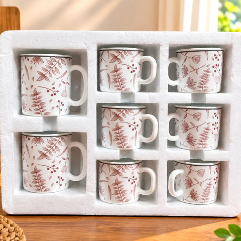 Borosilicate Glass Coffee Mug Set of 8 | Printed Tea & Coffee Cups with Handle | Stylish Floral Design | Premium Tea Cup Set for Home & Office