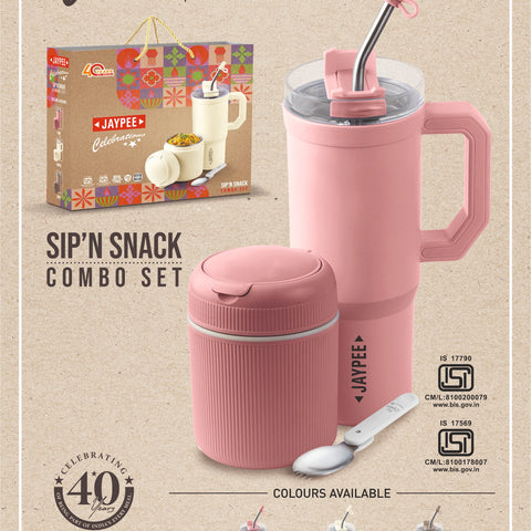 Jaypee Sip'N Snack Combo Set | Insulated Travel Mug with Straw & Snack/Tiffin Container | Stainless Steel Inner, BPA-Free, Food Grade & PU Insulated**