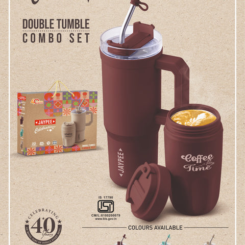 Jaypee Double Tumble Combo Set | Insulated Stainless Steel Travel Mug & Coffee Tumbler Set with Straw | BPA-Free, Food Grade & PU Insulated
