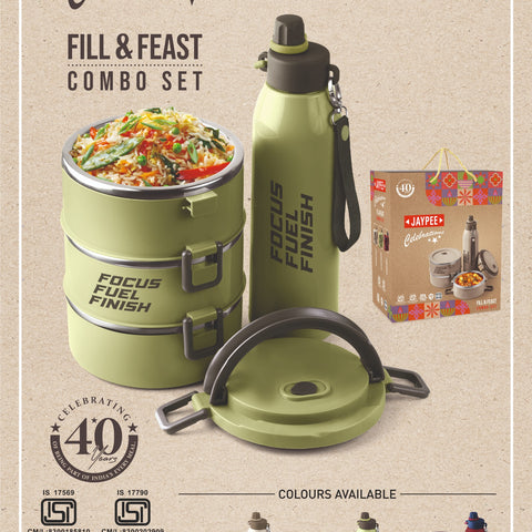 Jaypee Fill & Feast Combo Set | Insulated Stainless Steel Lunch Box & Water Bottle Set | Food Grade, BPA-Free Tiffin Set with PU Insulation