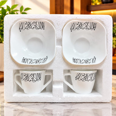 Premium Ceramic Tea & Coffee Cup Set with Saucers | 2 Cups & 2 Square Saucers | Elegant Printed Ceramic Coffee Mug Set for Home, Office & Gifting