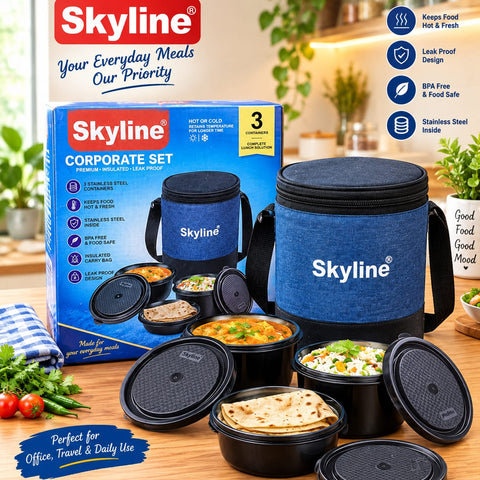 Skyline Corporate Lunch Box Set with 3 Stainless Steel Containers | Insulated Tiffin Box with Thermal Carry Bag | Leak-Proof Food Storage for Office, School & Travel | Hot & Fresh Food Container