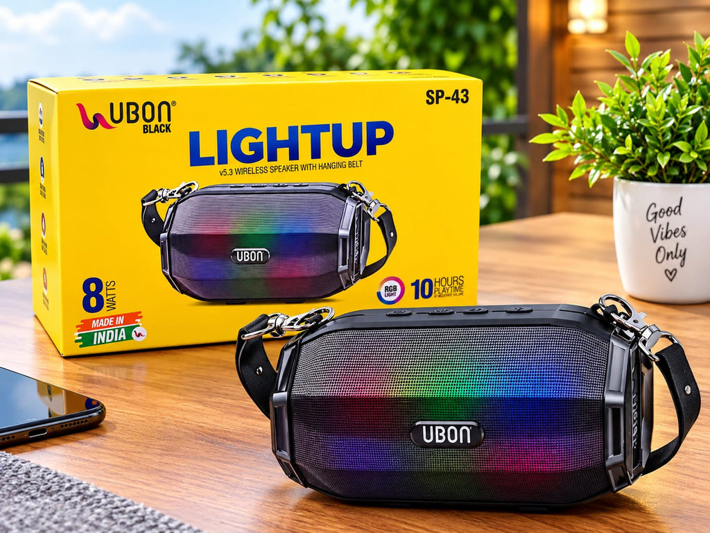 Ubon Black Lightup SP-43 8W Bluetooth Wireless Speaker with RGB Lights, V5.3 Bluetooth, 10 Hours Playback & Hanging Belt – Portable Speaker for Home, Travel & Parties