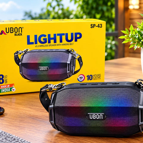 Ubon Black Lightup SP-43 8W Bluetooth Wireless Speaker with RGB Lights, V5.3 Bluetooth, 10 Hours Playback & Hanging Belt – Portable Speaker for Home, Travel & Parties