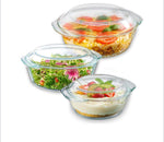 Borosil Tuff Round Glass Casserole Set with Lid | Set of 3 | 700ml + 1L + 1.5L | Borosilicate Glass Food Storage & Serving Bowls | Microwave & Oven Safe (Without Lid)