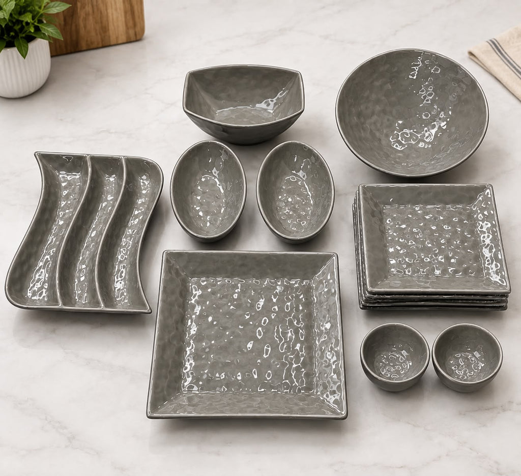 Addox 14 Pcs Premium Ceramic Platter & Serving Dinner Set | Hammered Texture Tableware Set with 6 Square Quarter Plates, Serving Bowls & Snack Platter