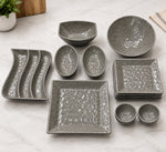 Addox 14 Pcs Premium Ceramic Platter & Serving Dinner Set | Hammered Texture Tableware Set with 6 Square Quarter Plates, Serving Bowls & Snack Platter