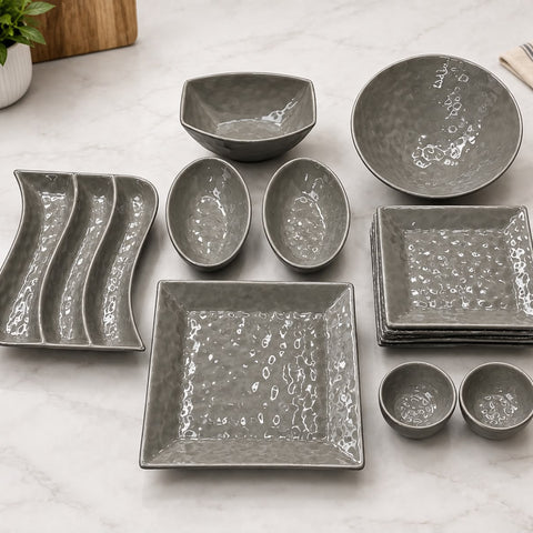 Addox 14 Pcs Premium Ceramic Platter & Serving Dinner Set | Hammered Texture Tableware Set with 6 Square Quarter Plates, Serving Bowls & Snack Platter