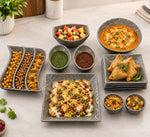 Addox 14 Pcs Premium Ceramic Platter & Serving Dinner Set | Hammered Texture Tableware Set with 6 Square Quarter Plates, Serving Bowls & Snack Platter