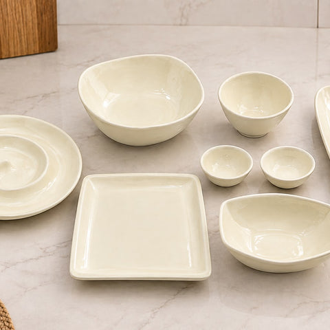 Addox Signature Nairobi Snacks Set 8 Pcs | Premium Ceramic Serving Platter & Snack Serving Set with Spiral Plate, Square Plate, Bread Strip & Bowls