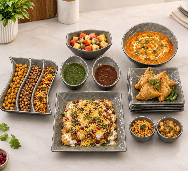 Addox 14 Pcs Premium Ceramic Platter & Serving Dinner Set | Hammered Texture Tableware Set with 6 Square Quarter Plates, Serving Bowls & Snack Platter