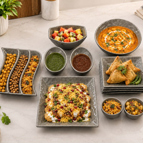 Addox 14 Pcs Premium Ceramic Platter & Serving Dinner Set | Hammered Texture Tableware Set with 6 Square Quarter Plates, Serving Bowls & Snack Platter