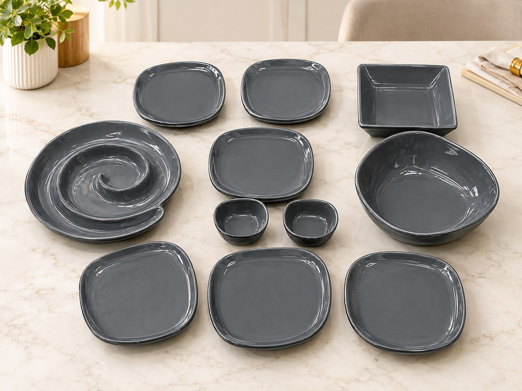 Addox Signature Nairobi Snacks Set 11 Pcs | Premium Porcelain Serving Platter Set with Spiral Plate, Square Bowl, 6 Plates & Serving Dishes