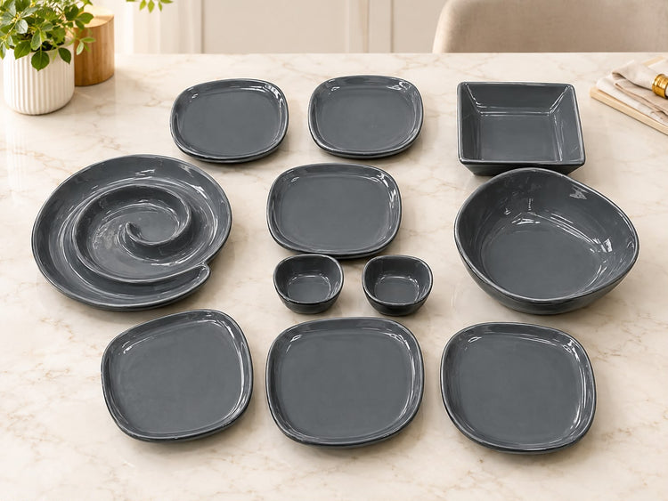 Addox Signature Nairobi Snacks Set 11 Pcs | Premium Porcelain Serving Platter Set with Spiral Plate, Square Bowl, 6 Plates & Serving Dishes
